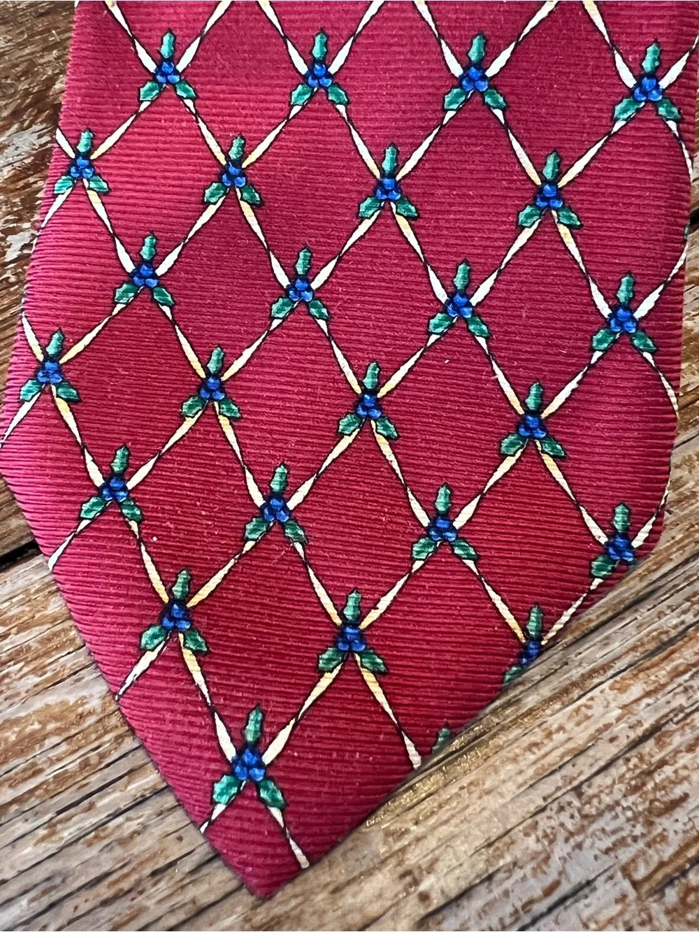 Lands’ End 100% Silk Tie HandSewn in USA Red/Burgundy Blue Berries